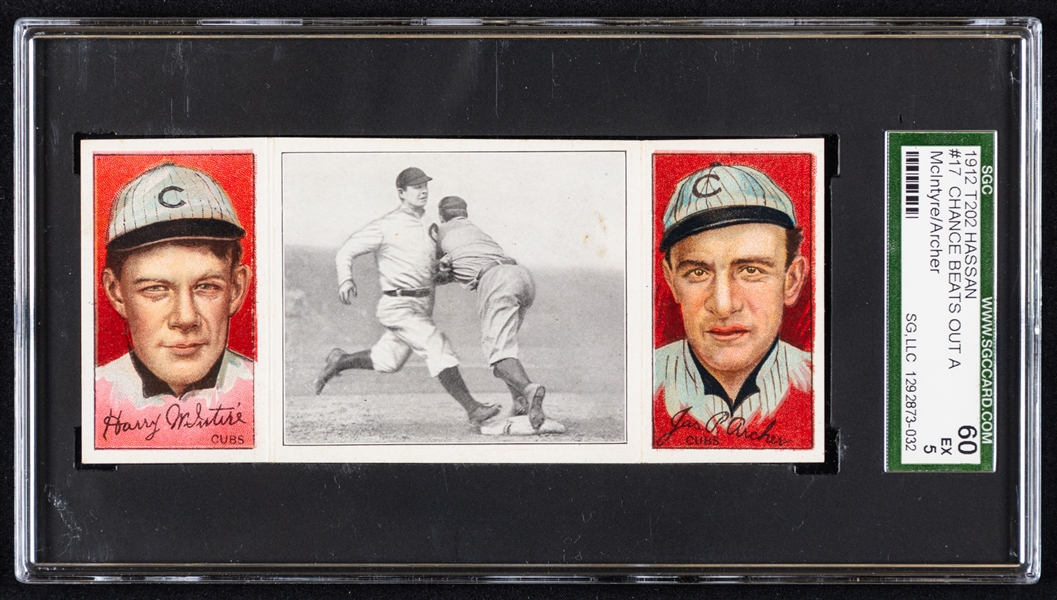 1912 Hassan Triple Folder T202 Baseball Card - Harry McIntire/James Archer - (Frank) Chance Beats Out a Hit - Graded SGC 5