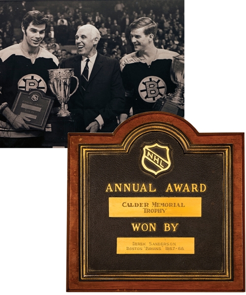 Derek Sandersons 1967-68 Boston Bruins Calder Memorial Trophy Plaque from His Personal Collection with His Signed LOA
