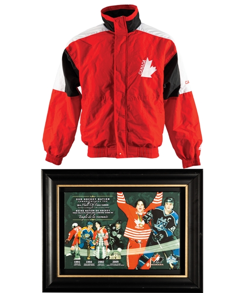 Luc Robitailles Memorabilia Collection Including 1991 Canada Cup Jacket, HHOF Induction Presentational Frame, Equipment and Game Sticks (4) with His Signed LOA
