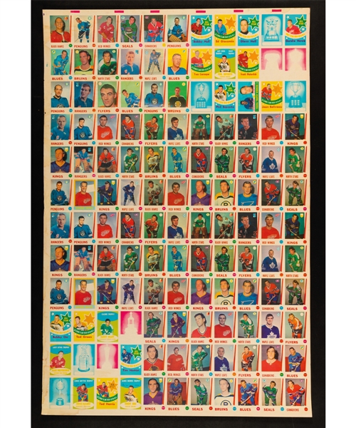 1969-70 O-Pee-Chee 132-Card Uncut Proof Sheet (Blank Back) Including Tony Esposito Rookie Cards and Numerous Orr and Howe Cards