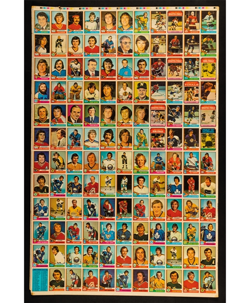 1974-75 O-Pee-Chee 132-Card Uncut Sheets (3) Including Bowman, Cherry, Potvin, Salming, McDonald, Gainey, Shutt and Other Rookie Cards
