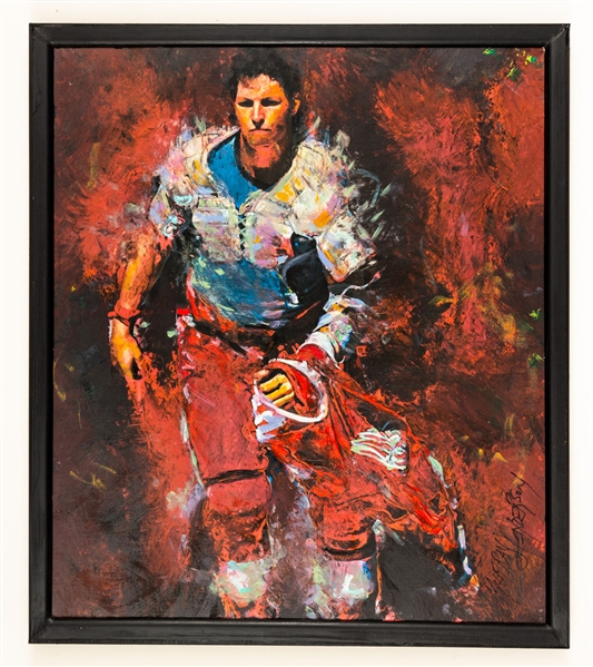 Bob Probert Detroit Red Wings Framed Original Painting on Canvas by Renowned Artist Murray Henderson (27 ¾” x 31 ¾”)