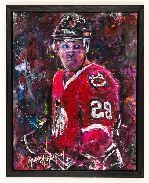 Bryan Bickell Signed Chicago Blackhawks Framed Original Painting on Canvas by Renowned Artist Murray Henderson (23 ½” x 29 ½”) 