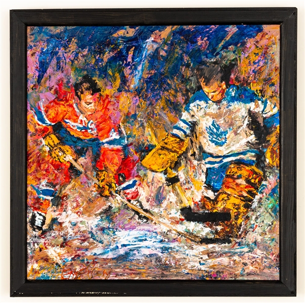 Jean Beliveau Montreal Canadiens and Johnny Bower Toronto Maple Leafs Framed Original Painting on Canvas by Renowned Artist Murray Henderson (21 ¾” x 21 ¾”)