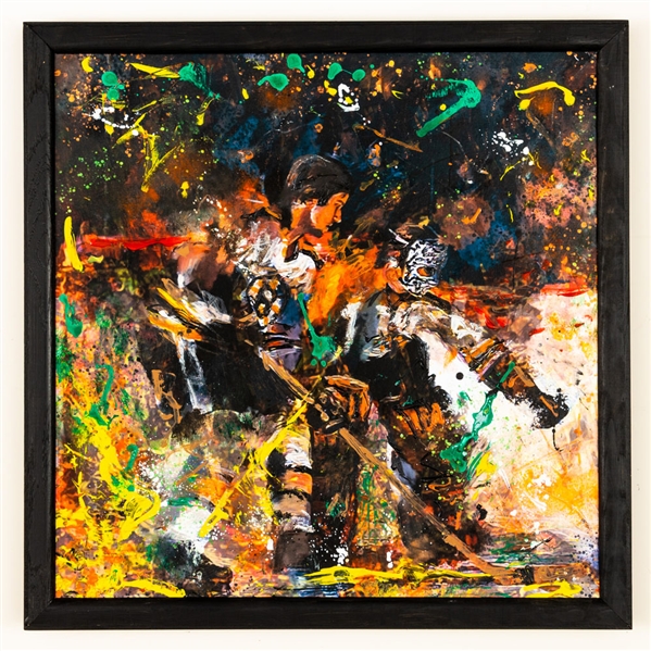 Bobby Orr and Gerry Cheevers Boston Bruins Framed Original Painting on Canvas by Renowned Artist Murray Henderson (23 ¾” x 23 ¾”)
