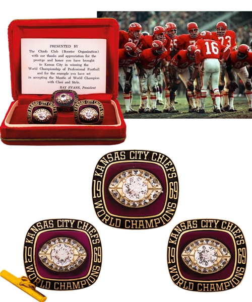Scarce Kansas City Chiefs 1969 Super Bowl Championship 10K Gold Cufflinks and Tie Tack in Original Presentation Box