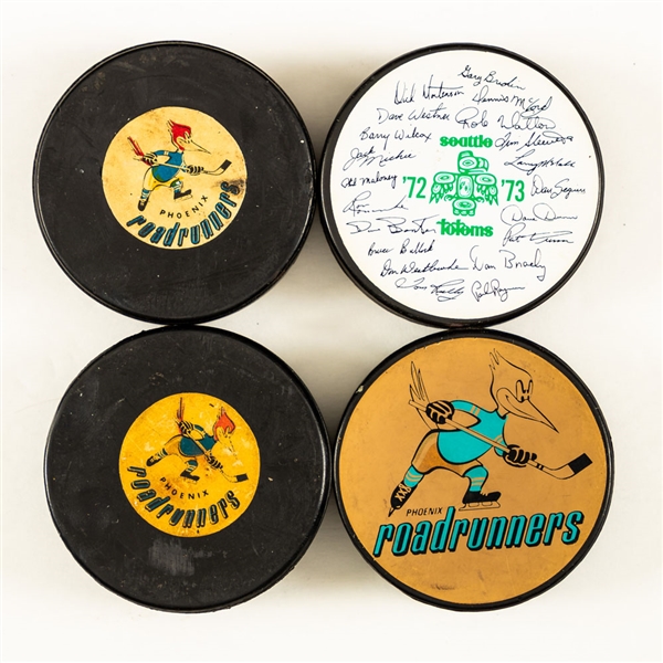 Lot of 11 Vintage Western Hockey League Pucks including Rare Seattle Totems Variations