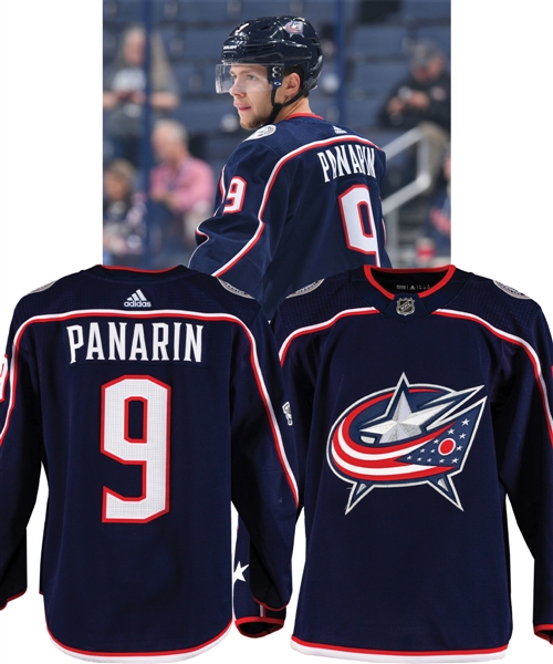 Artemi Panarins 2017-18 Columbus Blue Jackets Game-Worn Jersey with Team LOA - NHL Centennial Patch! - Team Repairs! - Photo-Matched!
