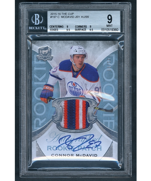 2015-16 Upper Deck "The Cup" Hockey Card #197 Connor McDavid Autographed Rookie Patch RPA #43/99 Beckett-Graded Mint 9