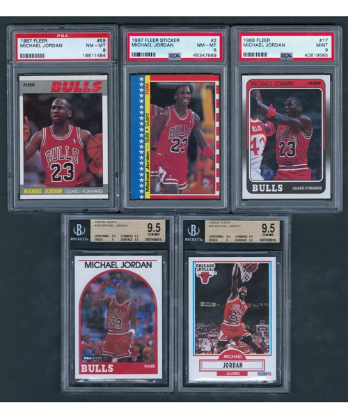 1987-91 Fleer/Hoops HOFer Michael Jordan PSA/Beckett-Graded Basketball Card/Sticker Collection of 5