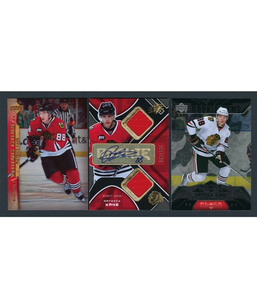 Patrick Kane Hockey Card Collection of 3 Including 2007-08 Upper Deck Young Guns #210 Rookie, 2007-08 SPx #232 Dual Jersey Patch/Auto Rookie and 2007-08 Upper Deck Black Diamond Rookie Gems #200