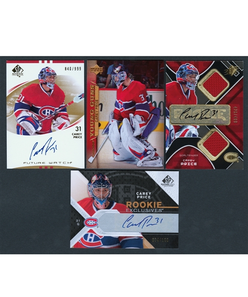 Carey Price Hockey Cards (6) Including 2007-08 SP Authentic Future Watch #225 Autograph Rookie 840/999, 2007-08 SPx #233 Jersey Autograph RC and 2007-08 UD Young Guns #227 RC 