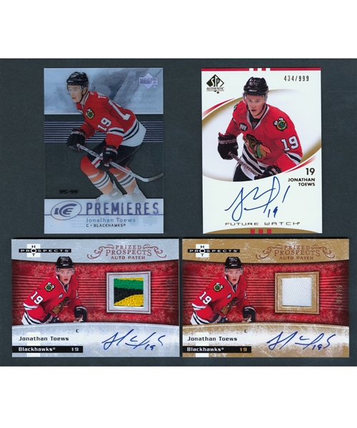 Jonathan Toews Hockey Cards (19) Including 2007-08 UD Ice #212 Ice Premieres Rookie 95/99, 2007-08 Fleer Hot Prospects #249 Patch/Auto 05/25 and 2007-08 UD Future Watch #203 Autograph Rookie 434/999
