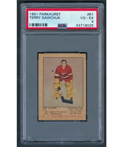 1951-52 Parkhurst Hockey Card #61 HOFer Terry Sawchuk Rookie - Graded PSA 4