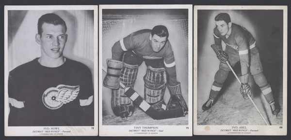 1939-40 O-Pee-Chee V301-1 Hockey Card Collection of 14 - Detroit Red Wings Team Set Including #66 HOFer Ebbie Goodfellow, #68 HOFer Sid Abel Rookie, #72 HOFer Syd Howe and #75 HOFer Tiny Thompson