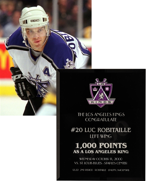 Luc Robitailles October 11th 2000 "1,000 Points as a Los Angeles King" Milestone Award from His Personal Collection with His Signed LOA