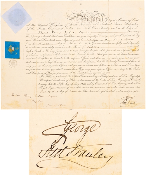Lord Stanley and Prince George Dual-Signed 1878 Military Commission Document