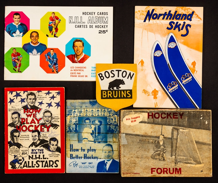Vintage Hockey Memorabilia Collection of 19 including 1961-62 York Peanut Butter Card Album, 1934-43 Bee Hive Boston Bruins Team Shield, 1970s Forum Card Game and more!