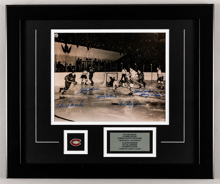 Multi-Signed Leafs/Canadiens Framed Photo of Bill Barilkos Famous 1951 Goal with LOA (15" x 18 ½”) 