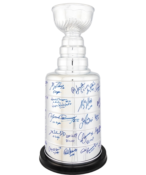 Huge Stanley Cup Replica Signed by 47 Montreal Canadiens Stanley Cup Champions with Annotations Including Roy, Savard, Bowman, Beliveau, Lafleur, Moore, Cournoyer, H. Richard and Others with LOA (25")