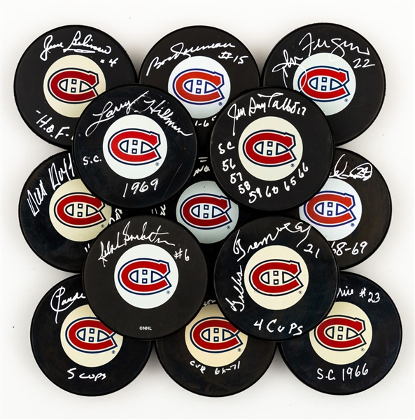 Montreal Canadiens 1960s Dynasty Single-Signed Puck Collection of 13 Including Jean Beliveau, John Ferguson, Dick Duff and Others with LOA