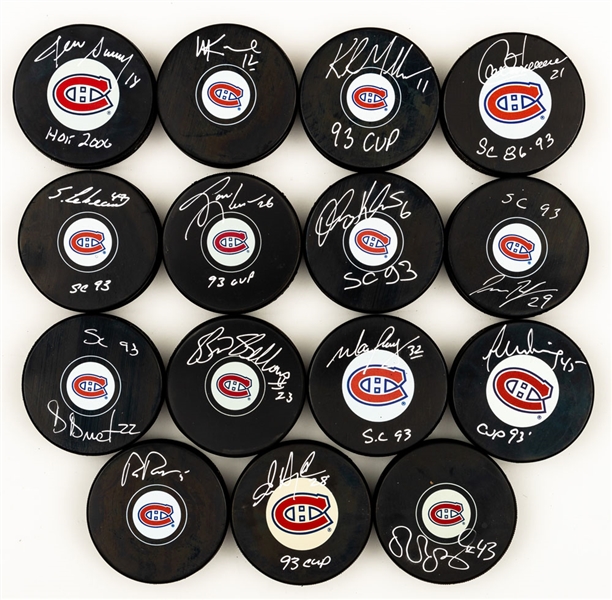 Montreal Canadiens 1993 Stanley Cup Champions Single-Signed Puck Collection of 15 Including Muller, Desjardins, Carbonneau and Others with LOA