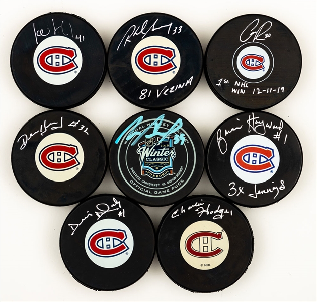 Montreal Canadiens Goalies Single-Signed Puck Collection of 8 Including Hodge, Herron, Sevigny, Primeau and Others with LOA