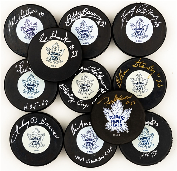 Toronto Maple Leafs 1966-67 Stanley Cup Champions Single-Signed Puck Collection of 11 Including Bower, Mahovlich, Stanley, Kelly, Shack and Others with LOA