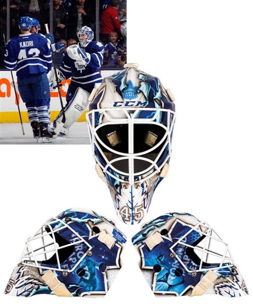 Jonathan Berniers 2013-14 Toronto Maple Leafs Signed Game-Worn Goalie Mask with His Signed LOA