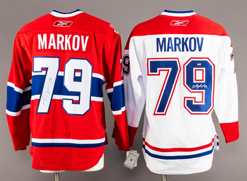 Andrei Markovs Mid-to-Late-2000s Montreal Canadiens Signed Easton SE16 Game-Used Stick and Signed Home and Away Jerseys