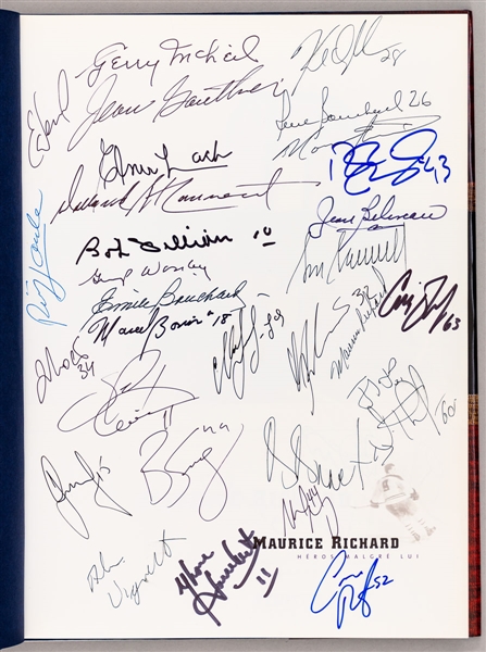 Maurice Richard "Heros Malgre Lui" Hardcover Book Signed by 25+ Former Players Plus Small Multi-Signed All-Century Dream Team Laminated Photo