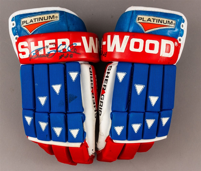 Pierre Larouche 1990s Montreal Canadiens Oldtimers Signed Sher-Wood Game-Used Gloves