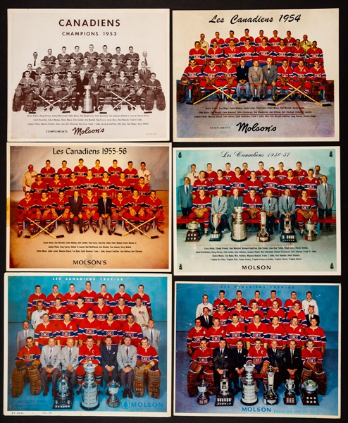 Montreal Canadiens 1952-53 to 1964-65 Molson team pictures (11) Plus 2009 Centennial Game Program and Memorabilia Including Mini Stanley Cup Banners (24)