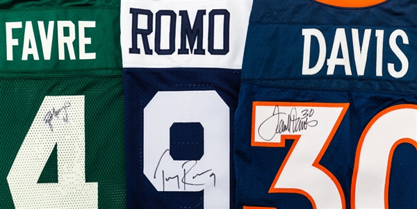Brett Favre (Green Bay Packers), Terrell Davis (Denver Broncos) and Tony Romo (Dallas Cowboys) Signed Jerseys - All JSA Authenticated