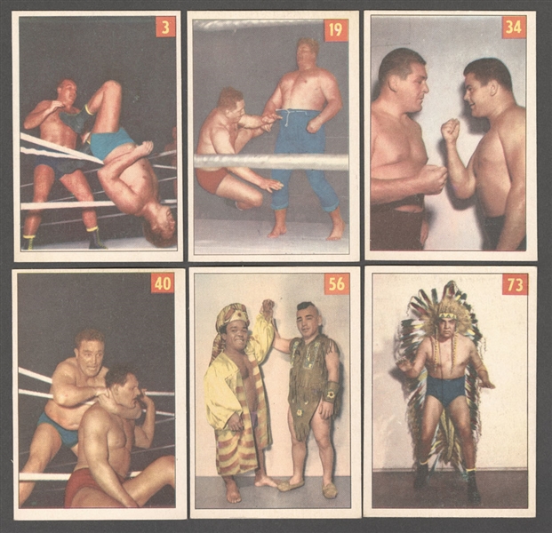 1954-55 Parkhurst Wrestling Complete 75-Card Set Including 27 with Lucky Premium Backs Plus Partial Set (57/75) and Extras (63)