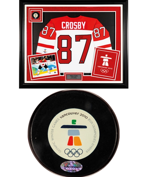 February 28th 2010 Vancouver Winter Olympics Canada vs USA Game-Used Mens Gold Medal Game Overtime Puck Framed Montage Display Including Sidney Crosby Signed Jersey with COAs (36 ½” x 44 ½”)