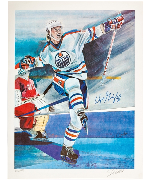 Wayne Gretzky Signed 1983 "The Kick" Edmonton Oilers Limited-Edition Lithograph #847/999 by Steven Csorba