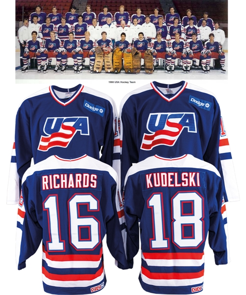 Team USA 1988 Olympics Pre-Tournament Game-Worn/Game-Issued Jerseys (2) of Kudelski and Richards