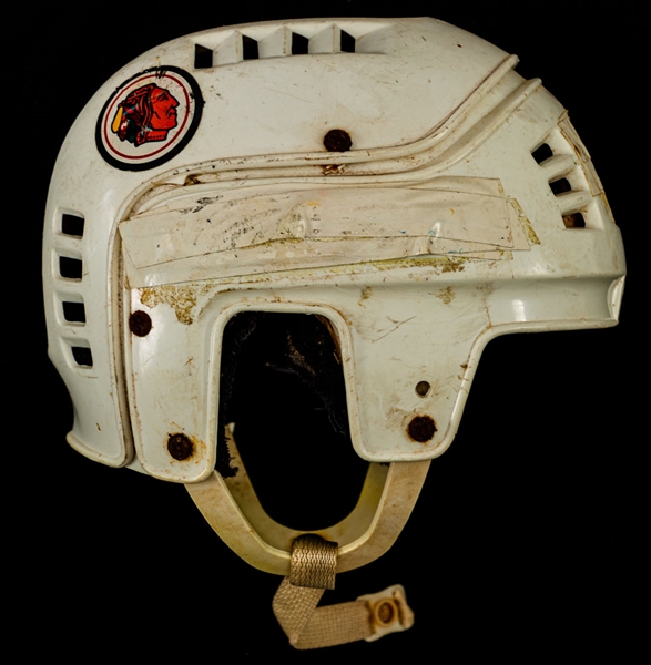 Denis Savards Mid-1980s Signed Chicago Black Hawks Game-Worn Helmet with LOA