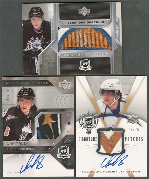 2006-07 & 2007-08 Upper Deck "The Cup" Alexander Ovechkin Signature Patches (07/75 & 13/75) and Scripted Swatches (17/25) Hockey Cards (3) 