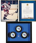 Jean Ratelles New York Rangers Framed Photo, GAG Line Single-Signed Pucks Framed Display, NY Rangers Multi-Signed Lithograph and 1972 Canada-Russia Series Diploma with His Signed LOA