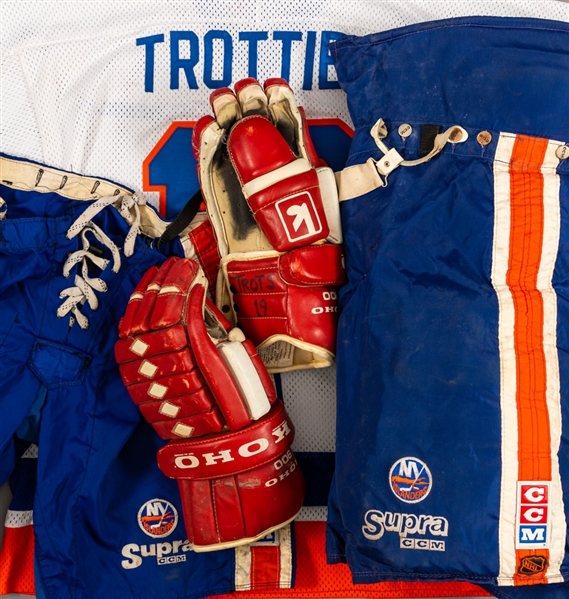 Bryan Trottiers 1970s/1980s New York Islanders Equipment Bag, Game-Used Pants, Game-Used Pant Shells and Practice Jersey from His Personal Collection with His Signed LOA