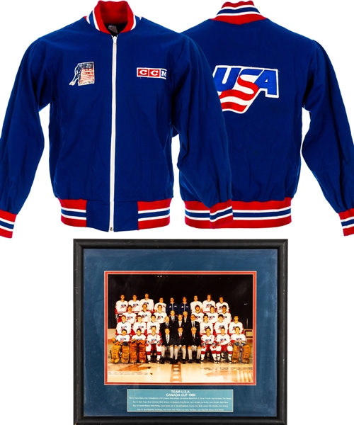 Bryan Trottiers Team USA Collection Including 1984 Canada Cup Jacket, Framed Team Photo and Money Clip from His Personal Collection with His Signed LOA