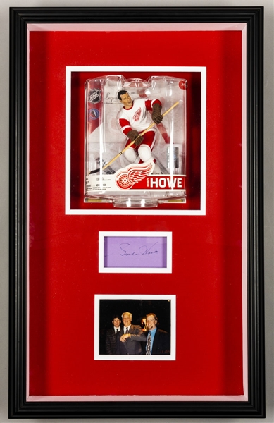 Gordie Howe Framed McFarlane Figurine Display with Signed Card (15 ½” x 25”), Signed Framed 1993 Upper Deck “65th Birthday” Advertising Picture and Additional Signed Card 