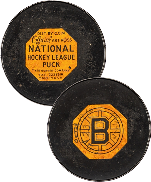 Jean-Guy Talbots October 23rd 1966 Goal Puck - Boston Bruins "Original Six" Game Puck - Bobby Orrs 3rd NHL Game in Which He Scored His First NHL Goal!