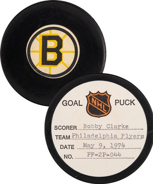 Bobby Clarkes Philadelphia Flyers May 9th 1974 Playoff Goal Puck from the NHL Goal Puck Program - Season PO Goal #5 of 5 / Career PO Goal #7 of 42 - Overtime Game-Winning Goal