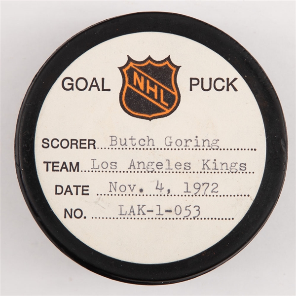 Butch Gorings Los Angeles Kings November 4th 1972 Goal Puck from the NHL Goal Puck Program - Season Goal #10 of 28 / Career Goal #46 of 375 - 3rd Goal of Hat Trick