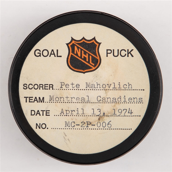 Peter Mahovlichs Montreal Canadiens April 13th 1974 PO Goal Puck from the NHL Goal Puck Program - Season PO Goal #1 of 2 / Career PO Goal #15 of 30 - Assisted by Lapointe