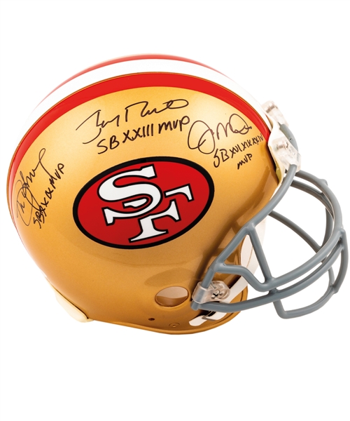 Joe Montana, Steve Young and Jerry Rice Triple-Signed San Francisco 49ers Full-Size Riddell Helmet with Display Case – Super Bowl MVP Annotations - JSA COA