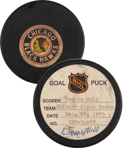 Dennis Hulls Chicago Black Hawks December 26th 1973 Signed Goal Puck from the NHL Goal Puck Program - Season Goal #14 of 29 / Career Goal #223 of 309 - Game-Tying Goal